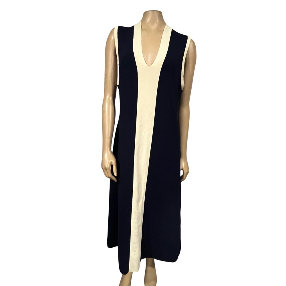 Luxely Navy Cream Colorblock V-Neck Knit Midi Dress Old Money Excellent XL